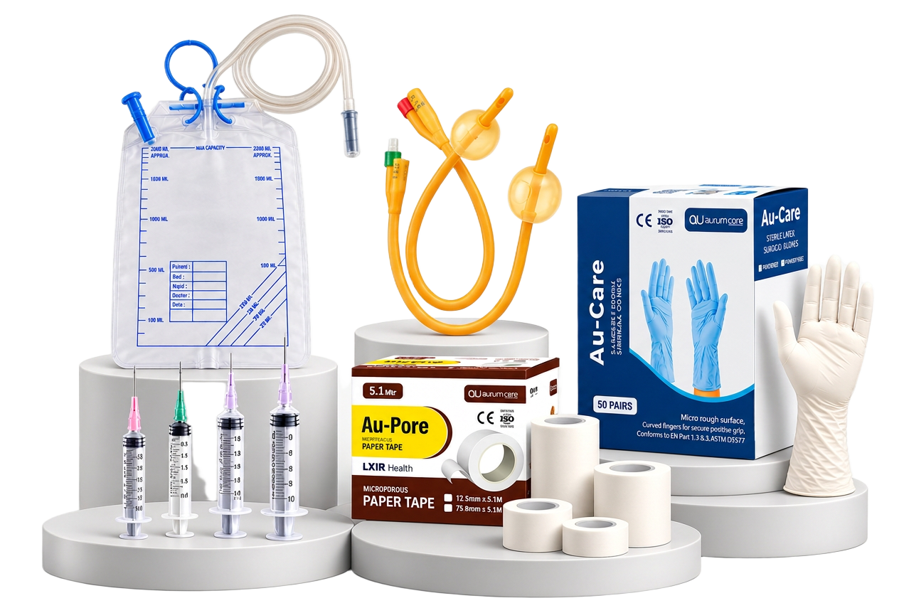 Aurum Medicare product range — IV cannula, disposable syringes, surgical gloves and infusion sets