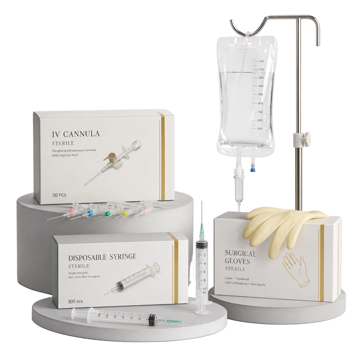 Aurum Medicare product range — IV cannula, disposable syringes, surgical gloves and infusion sets